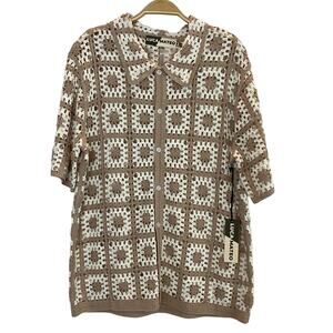 Luca Mateo Granny Square Crochet Knit Shirt Men M Tan Cottagecore Festival NWT